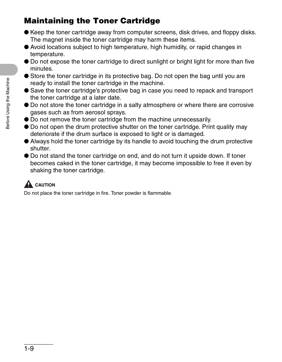 Maintaining the toner cartridge, Maintaining the toner cartridge -9 | Canon IMAGECLASS MF4150 User Manual | Page 38 / 175
