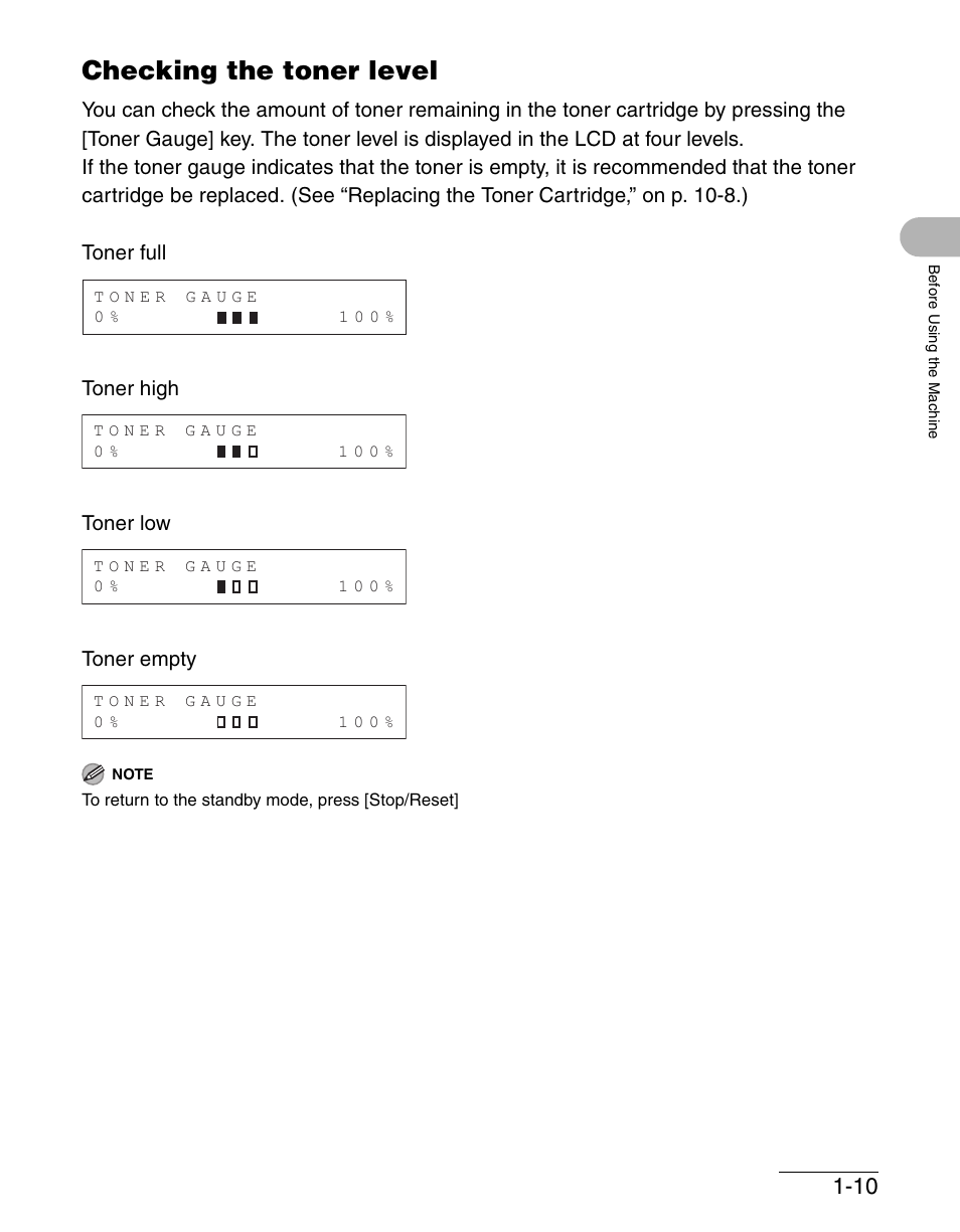 Checking the toner level, Checking the toner level -10 | Canon IMAGECLASS MF4150 User Manual | Page 39 / 175