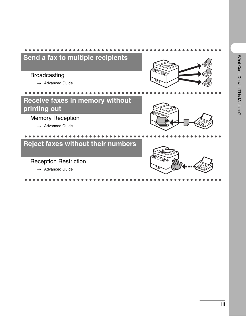 Send a fax to multiple recipients, Reject faxes without their numbers, Broadcasting | Reception restriction | Canon IMAGECLASS MF4150 User Manual | Page 4 / 175