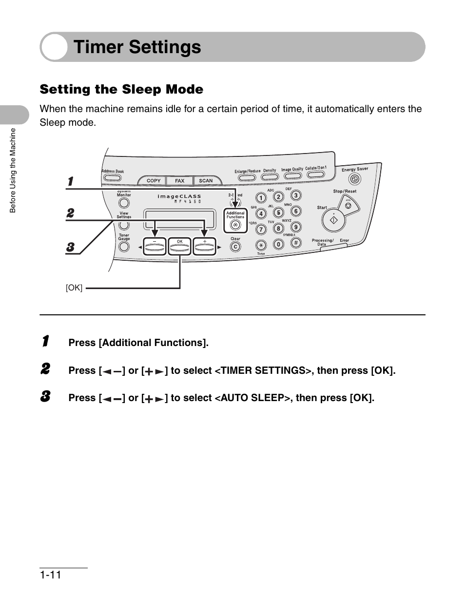 Timer settings, Setting the sleep mode, Timer settings -11 | Setting the sleep mode -11 | Canon IMAGECLASS MF4150 User Manual | Page 40 / 175