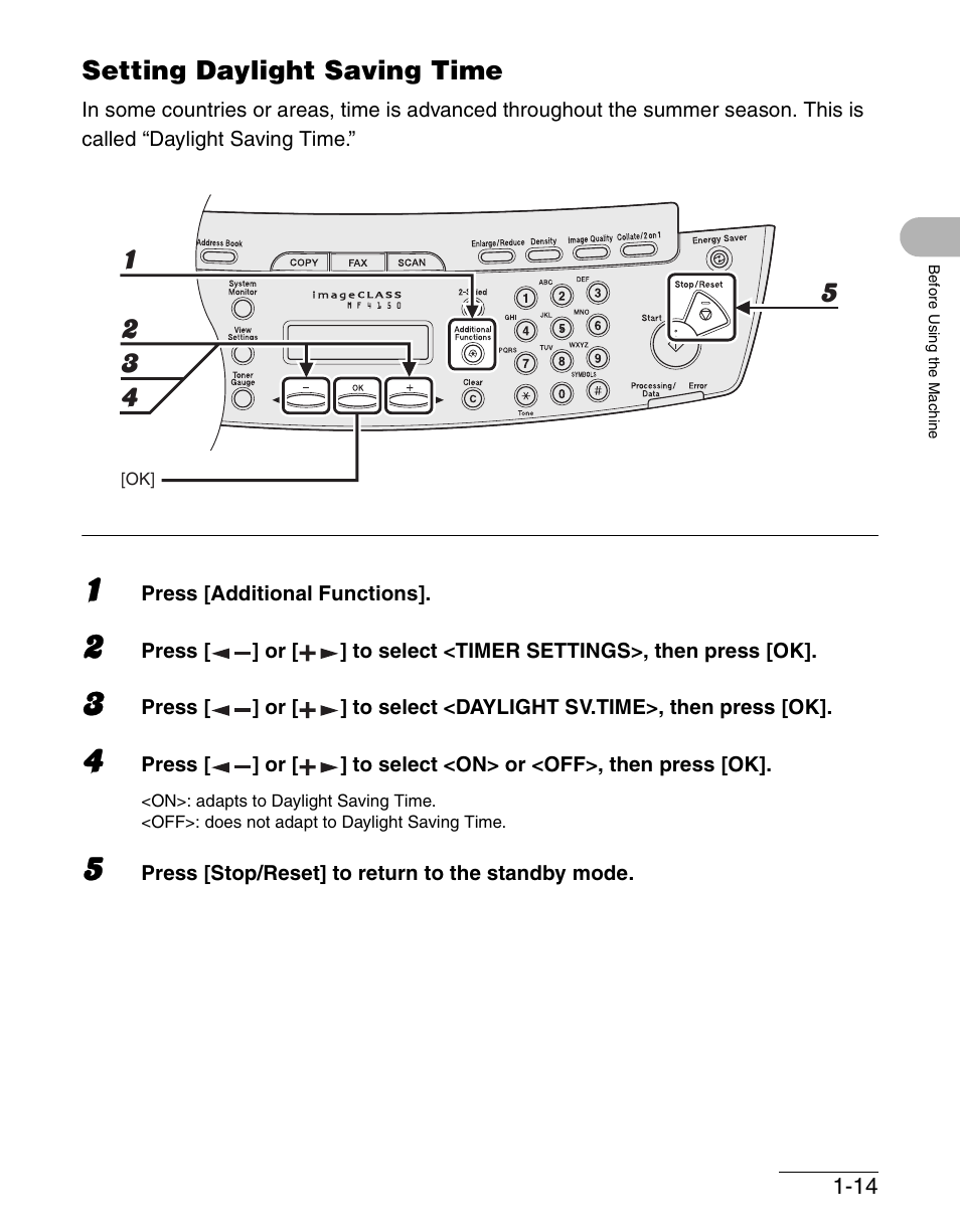 Setting daylight saving time, Setting daylight saving time -14 | Canon IMAGECLASS MF4150 User Manual | Page 43 / 175