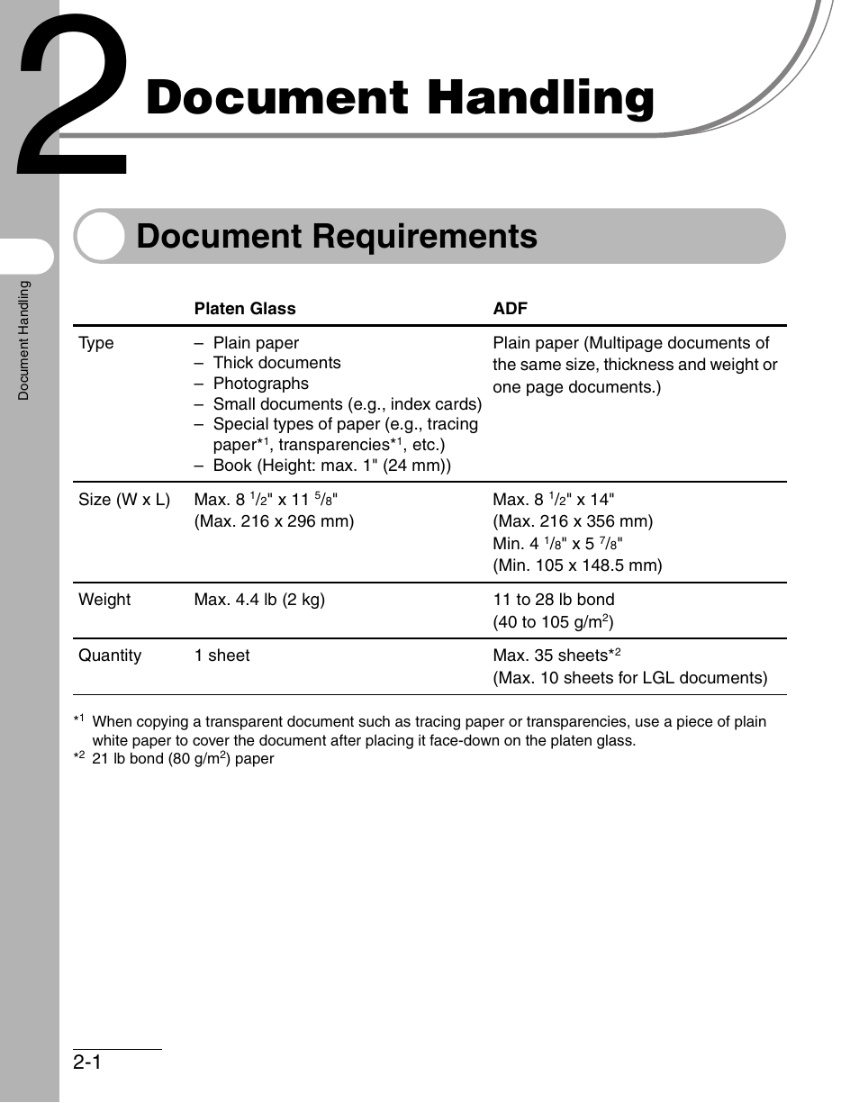 Document handling, Document requirements, 2 document handling -1 | Document requirements -1 | Canon IMAGECLASS MF4150 User Manual | Page 44 / 175