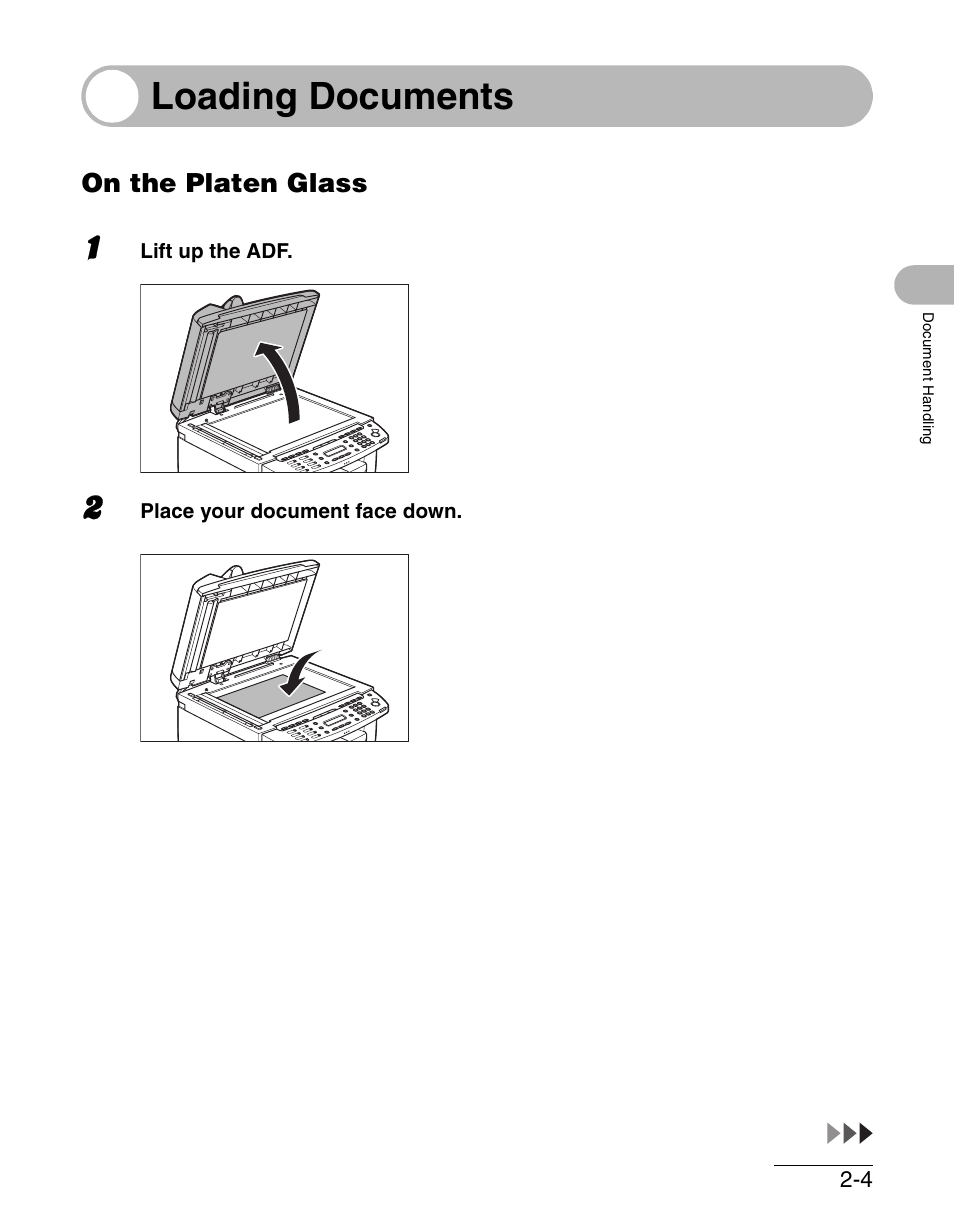 Loading documents, On the platen glass, Loading documents -4 | On the platen glass -4 | Canon IMAGECLASS MF4150 User Manual | Page 47 / 175