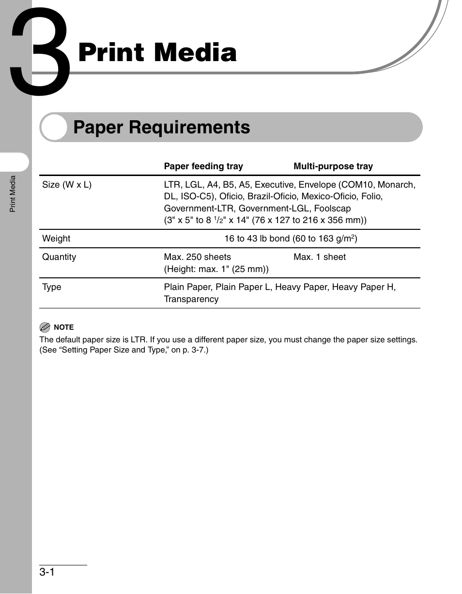 Print media, Paper requirements, 3 print media -1 | Paper requirements -1 | Canon IMAGECLASS MF4150 User Manual | Page 51 / 175
