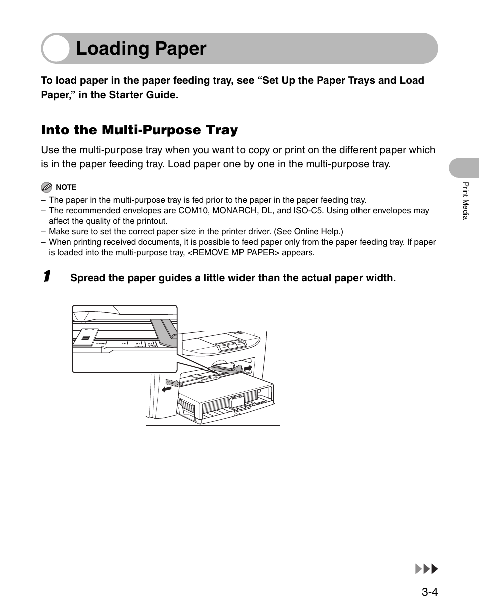 Loading paper, Into the multi-purpose tray, Loading paper -4 | Into the multi-purpose tray -4 | Canon IMAGECLASS MF4150 User Manual | Page 54 / 175