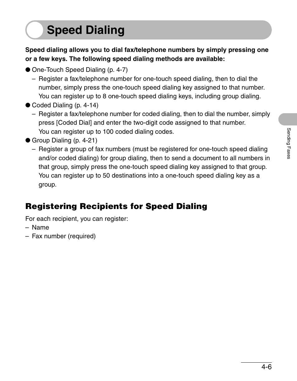 Speed dialing, Registering recipients for speed dialing, Speed dialing -6 | Registering recipients for speed dialing -6 | Canon IMAGECLASS MF4150 User Manual | Page 65 / 175
