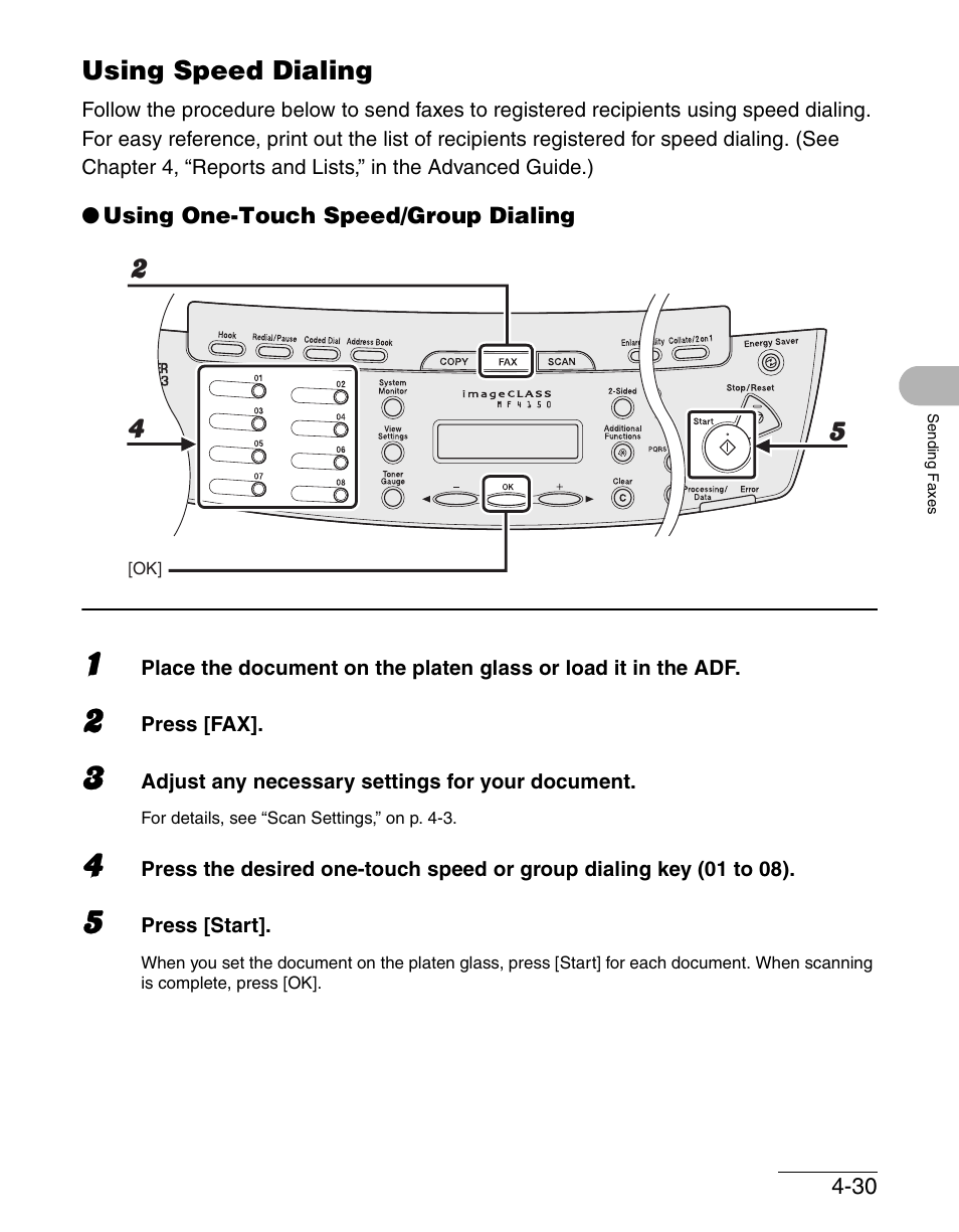 Using speed dialing, Using speed dialing -30 | Canon IMAGECLASS MF4150 User Manual | Page 89 / 175