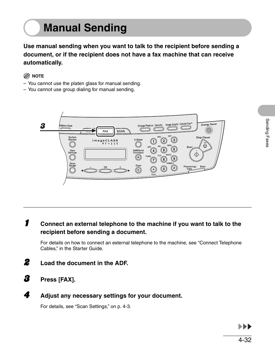 Manual sending, Manual sending -32 | Canon IMAGECLASS MF4150 User Manual | Page 91 / 175