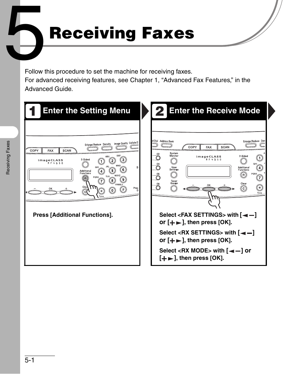 Receiving faxes, 5 receiving faxes -1 | Canon IMAGECLASS MF4150 User Manual | Page 93 / 175