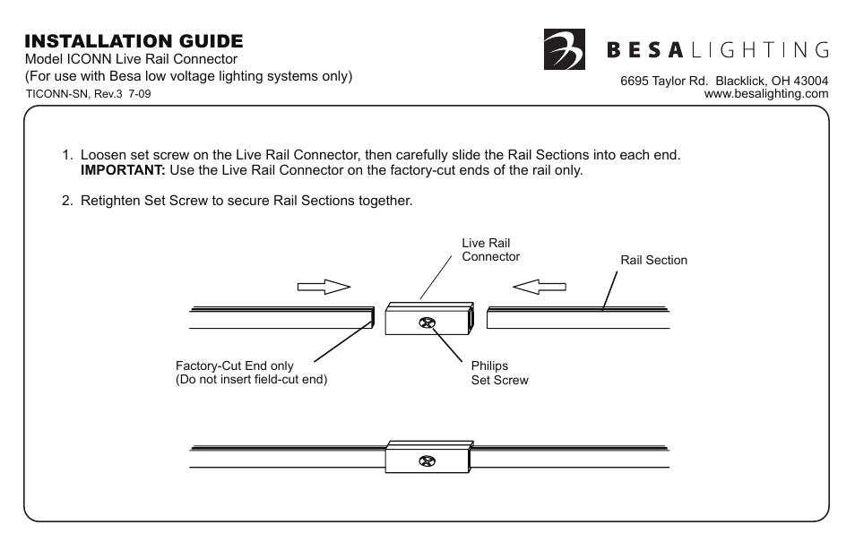 Iconn-sn_pkg.label,rev3_front, Installation guide | Besa Lighting Rail Connectors (Monorail Component) User Manual | Page 2 / 3