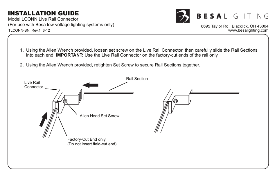Lconn_sn_front, rev1, Installation guide | Besa Lighting Rail Connectors (Monorail Component) User Manual | Page 3 / 3