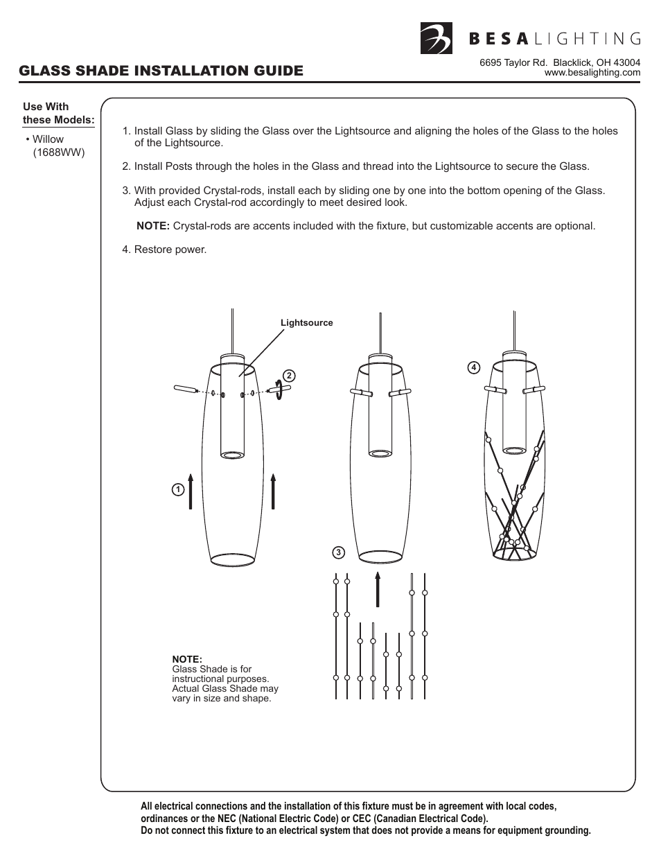 Xp_willow_led, rev1_back, Glass shade installation guide | Besa Lighting Willow (Mini Pendants 12V) User Manual | Page 2 / 3