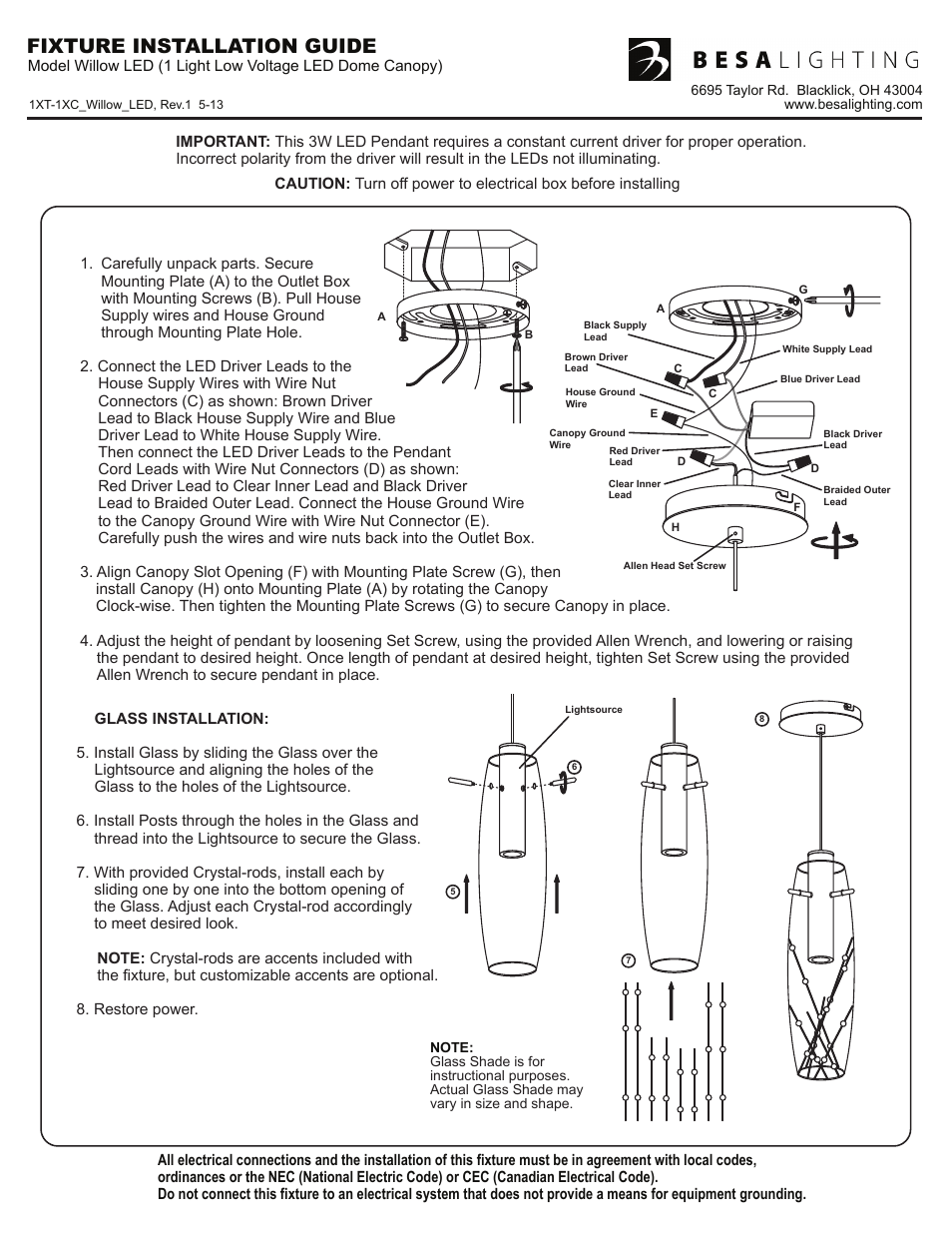1xt-1xc_willow_led, rev1, Fixture installation guide | Besa Lighting Willow (Mini Pendants 12V) User Manual | Page 3 / 3
