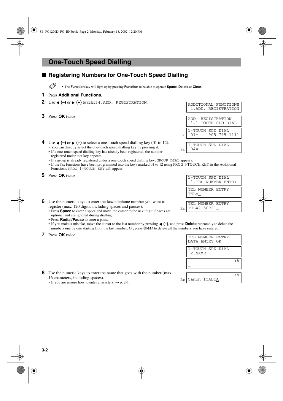 One-touch speed dialling, Registering numbers for one-touch speed dialling | Canon PC1270D User Manual | Page 20 / 88