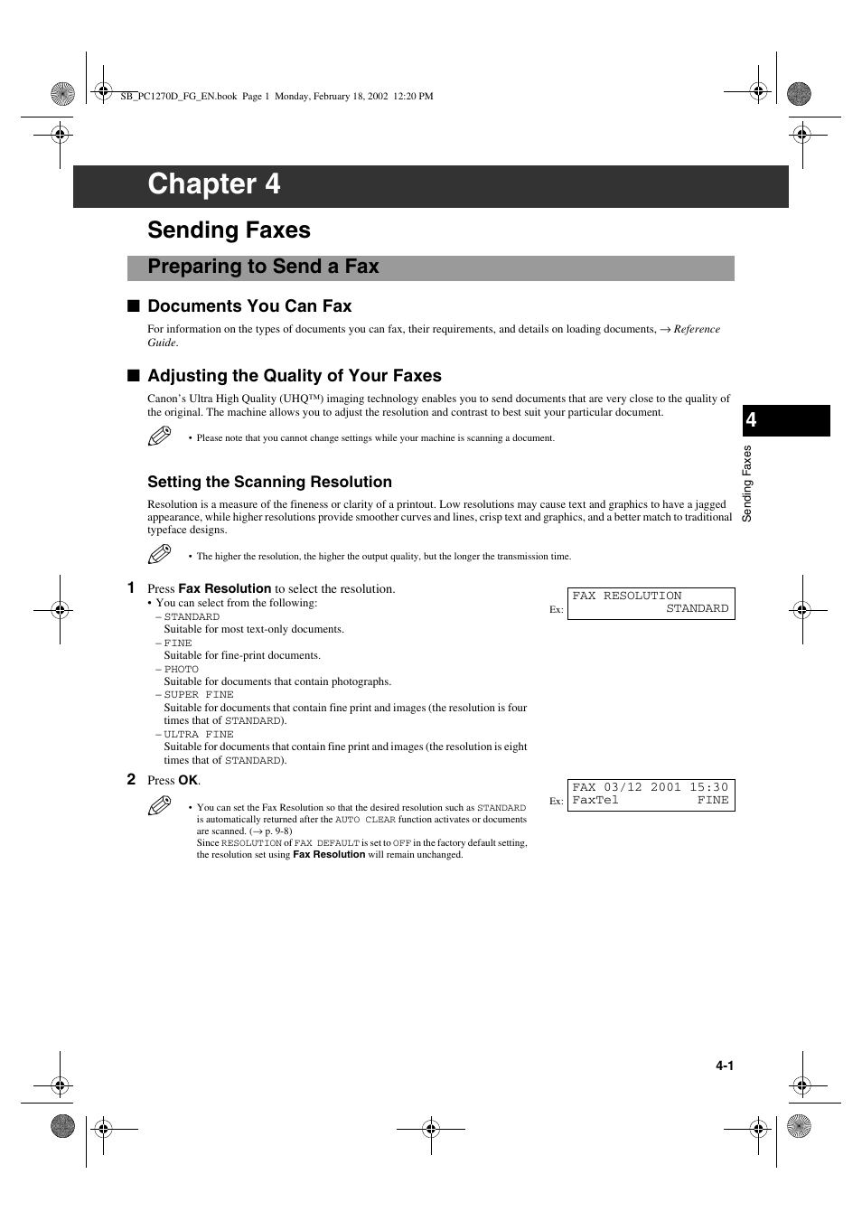 Chapter 4, Sending faxes, Preparing to send a fax | Documents you can fax, Adjusting the quality of your faxes, Setting the scanning resolution | Canon PC1270D User Manual | Page 33 / 88