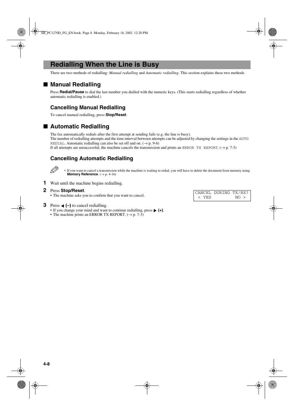 Redialling when the line is busy, Manual redialling, Automatic redialling | Cancelling manual redialling, Cancelling automatic redialling | Canon PC1270D User Manual | Page 40 / 88