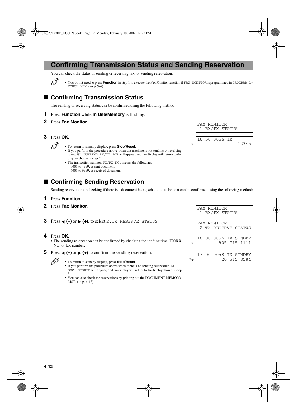 Confirming transmission status, Confirming sending reservation | Canon PC1270D User Manual | Page 44 / 88