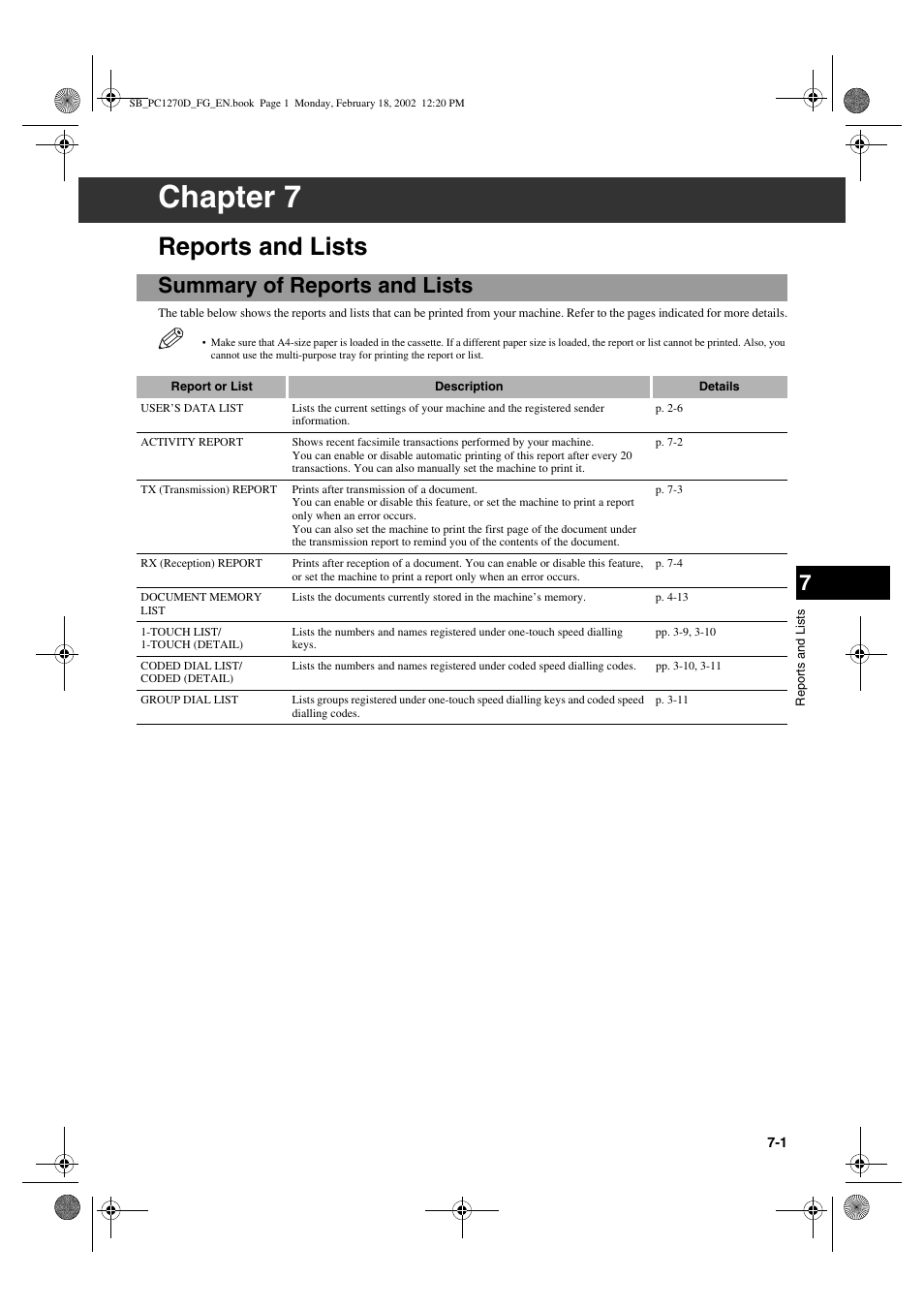 Chapter 7, Reports and lists, Summary of reports and lists | Canon PC1270D User Manual | Page 61 / 88