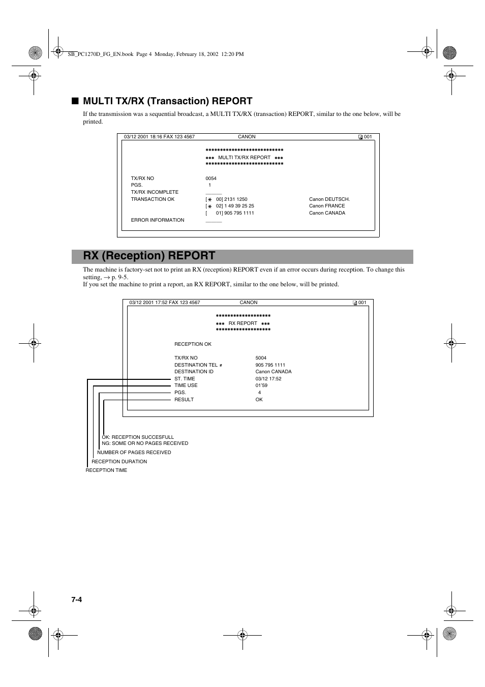 Rx (reception) report, Multi tx/rx (transaction) report | Canon PC1270D User Manual | Page 64 / 88