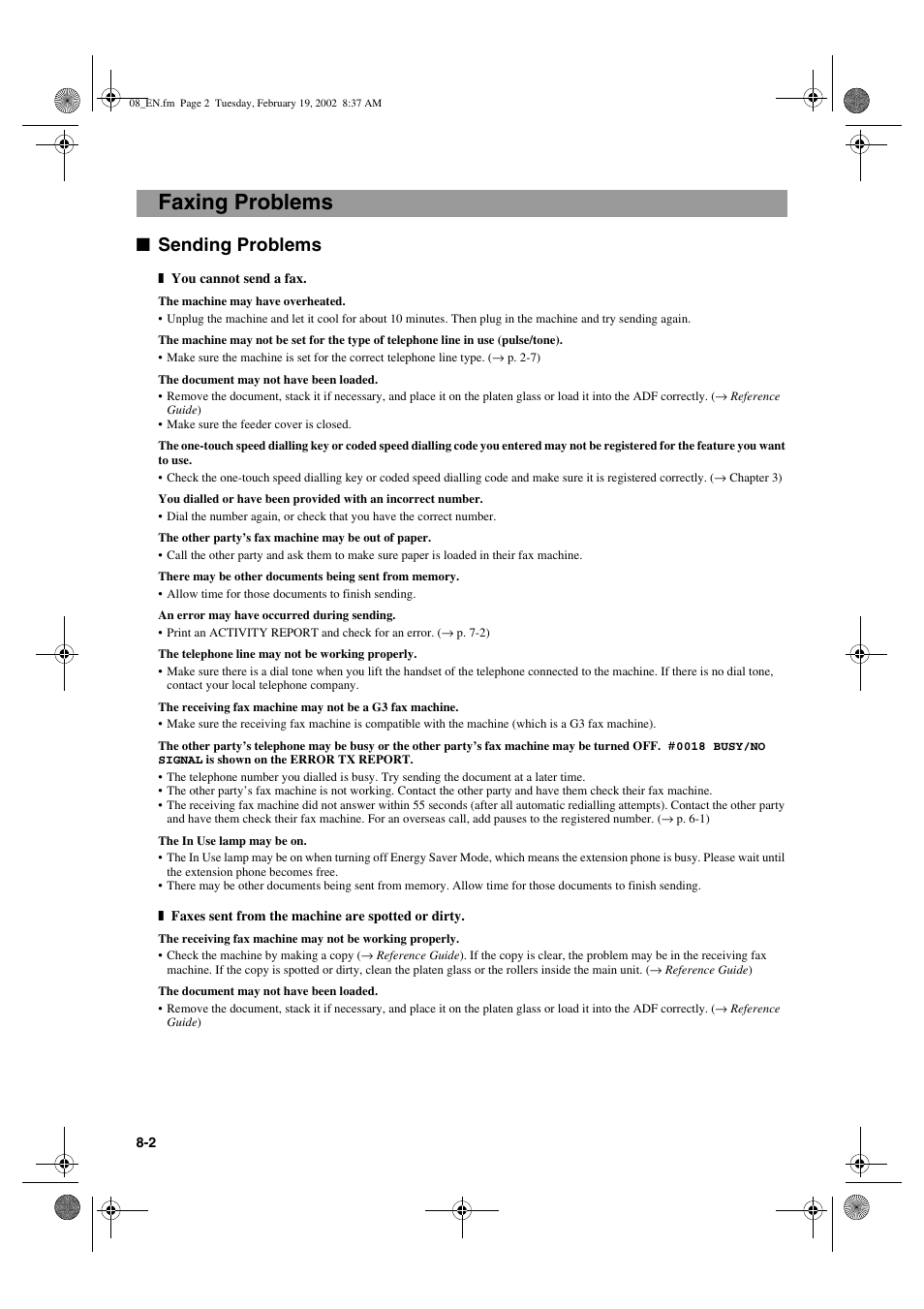 Faxing problems, Sending problems | Canon PC1270D User Manual | Page 66 / 88