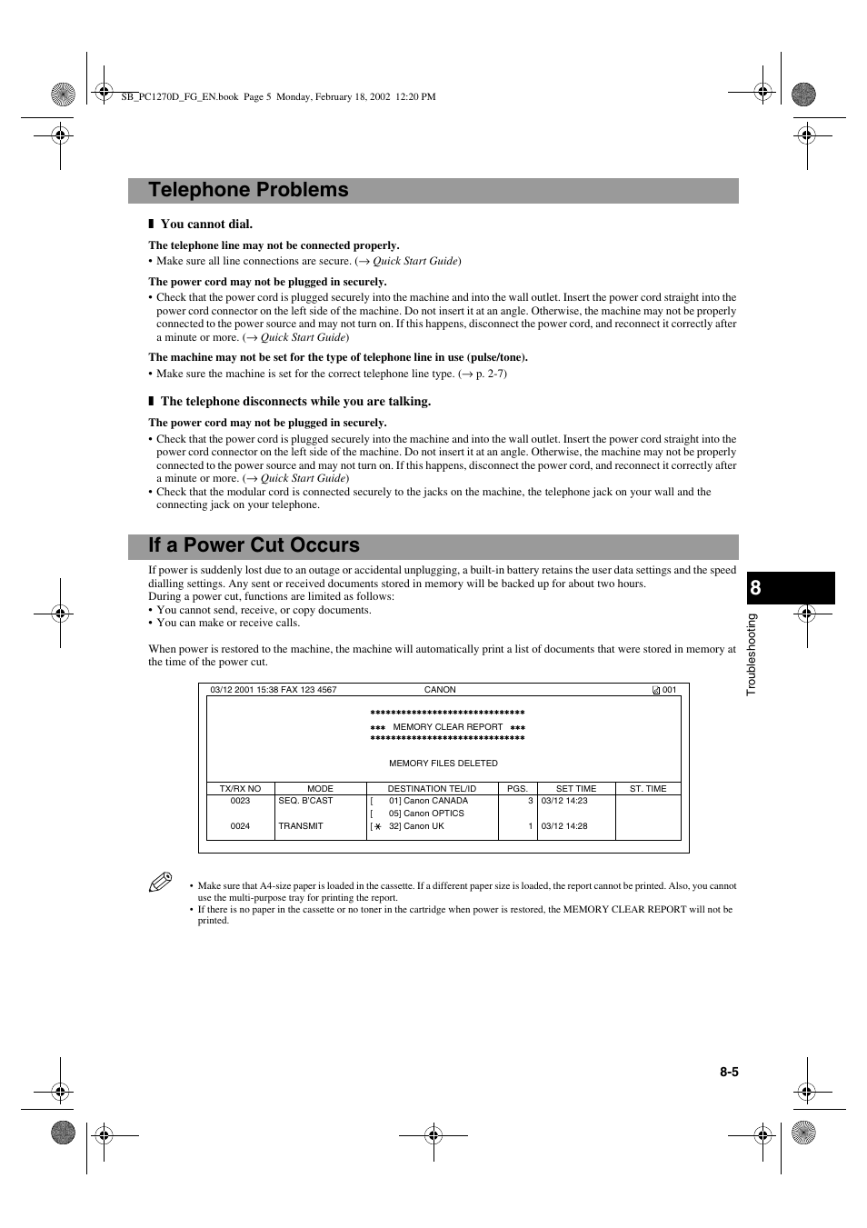 Telephone problems, If a power cut occurs | Canon PC1270D User Manual | Page 69 / 88