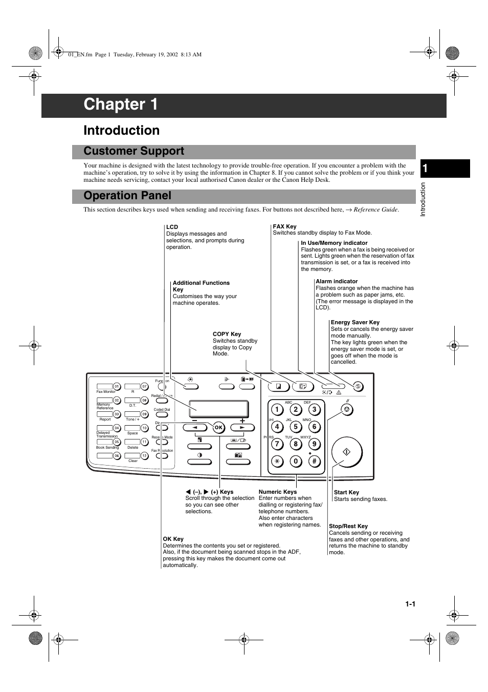 Chapter 1, Introduction, Customer support | Operation panel | Canon PC1270D User Manual | Page 7 / 88