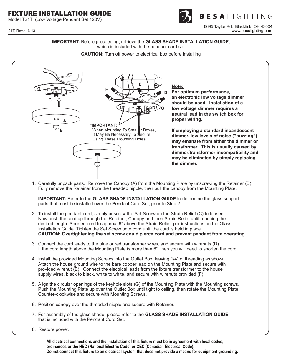 Besa Lighting Sprite (Mini Pendants 12V) User Manual | 6 pages