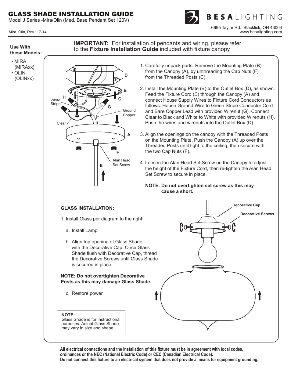 Besa Lighting Mira (120V Pendants) User Manual | 1 page