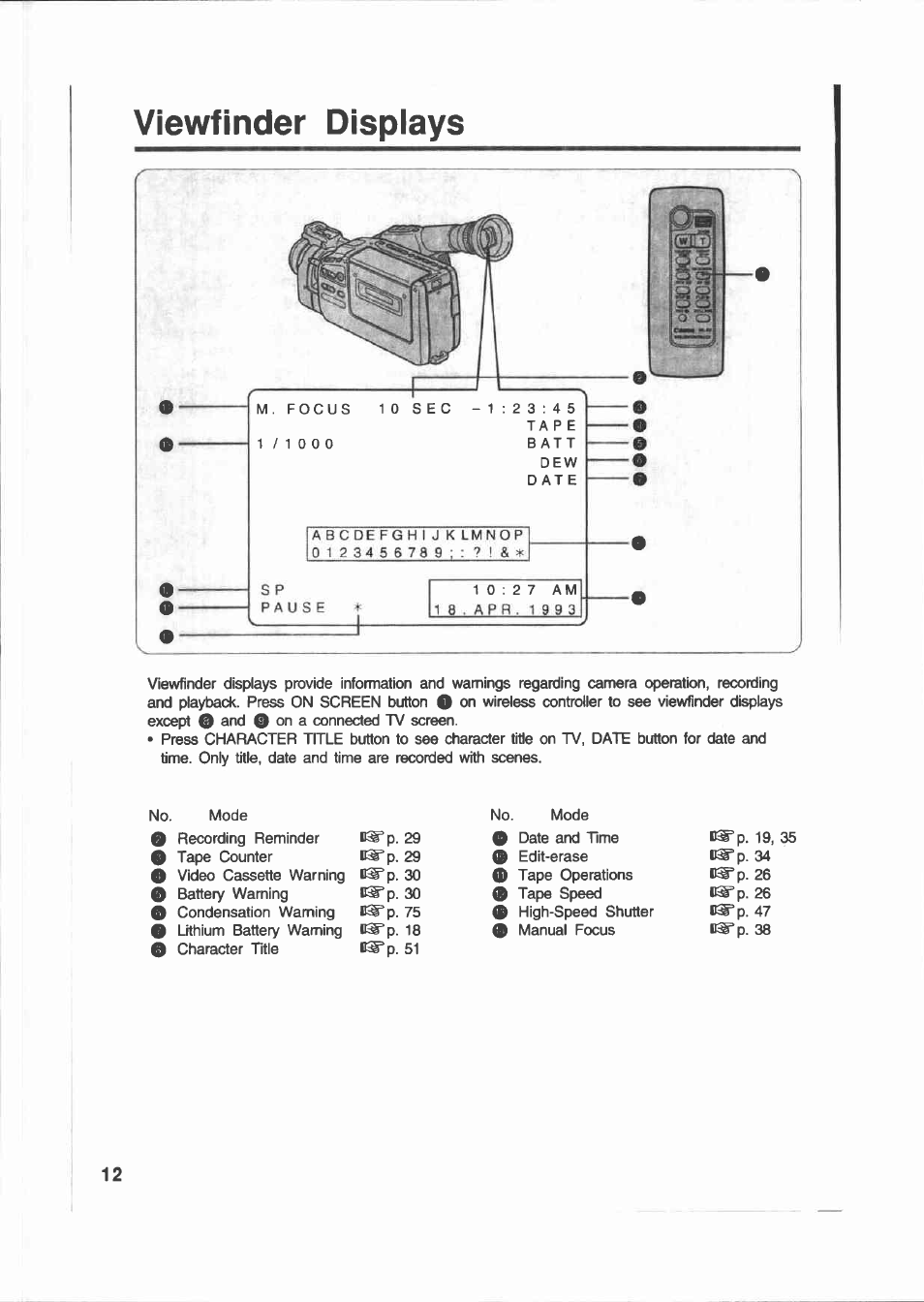 Viewfinder dispiays, Viewfinder displays | Canon E 200 User Manual | Page 12 / 84