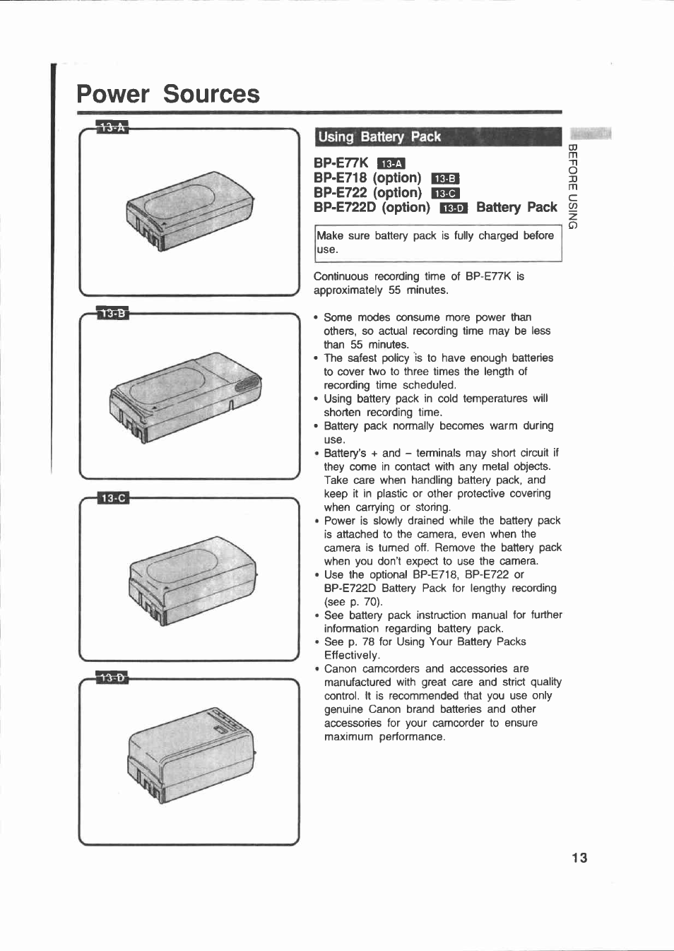 Power sources, Battery pack 2 | Canon E 200 User Manual | Page 13 / 84