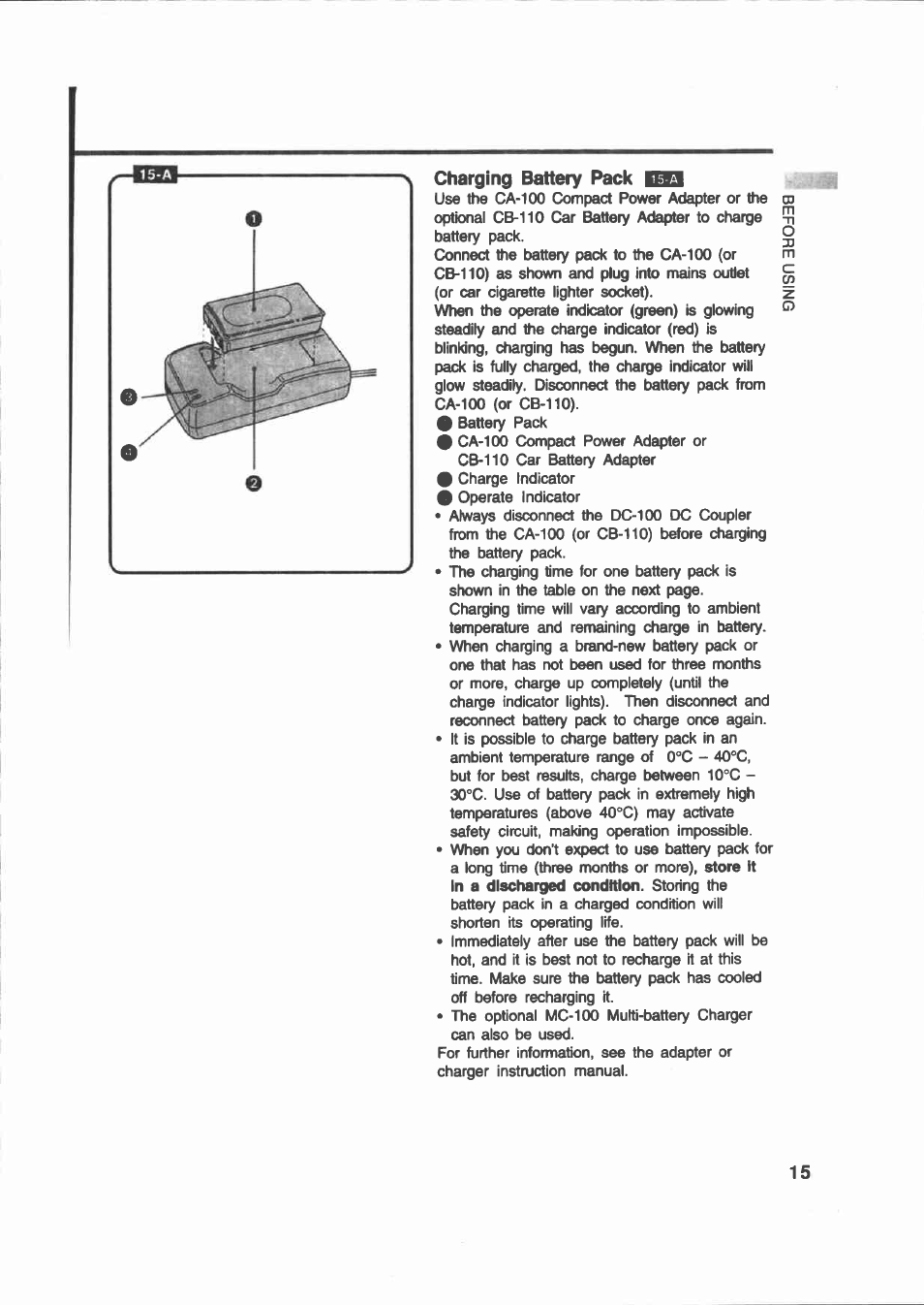Charging battery pack, Using battery pack | Canon E 200 User Manual | Page 15 / 84