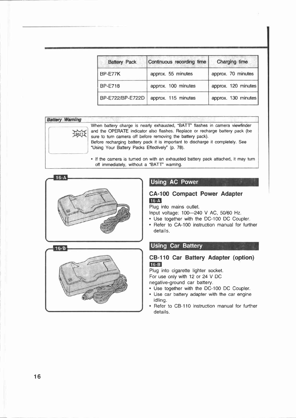 Using ac power, Ca-100 compact power adapter, Using car battery | Cb-110 car battery adapter (option), Using ac power using car battery, Using ac power ca-100 compact power adapter | Canon E 200 User Manual | Page 16 / 84