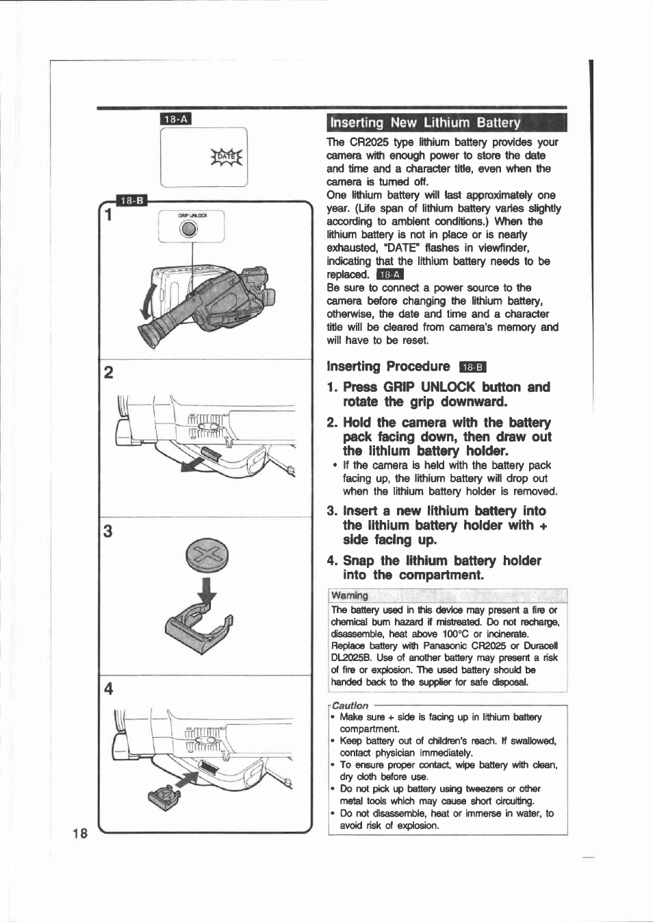 Inserting new lithium battery, Inserting new littiium battery | Canon E 200 User Manual | Page 18 / 84