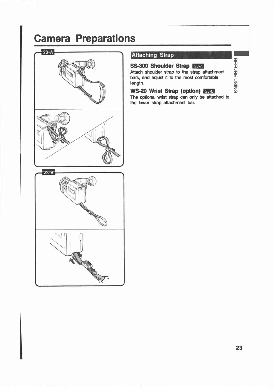 Camera preparations, Attaching strap, Ss-300 shoulder strap | Ws-20 wrist strap (option), Attaching strap ss-300 shoulder strap | Canon E 200 User Manual | Page 23 / 84