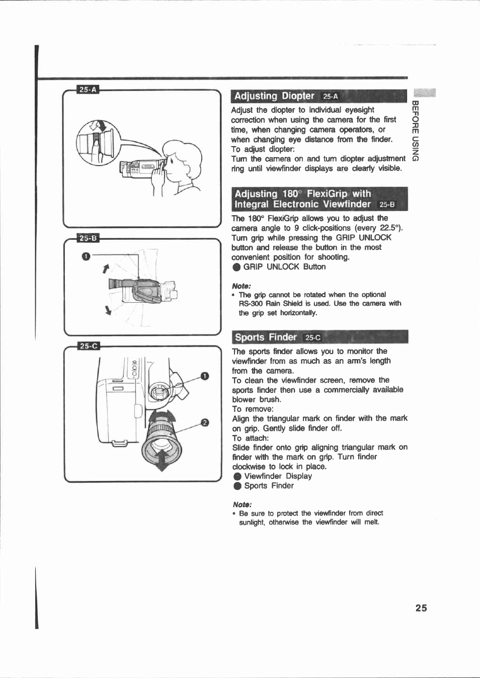 Adjusting diopter 25-a, Sports finder 25-c, Adjusting diopter | Canon E 200 User Manual | Page 25 / 84
