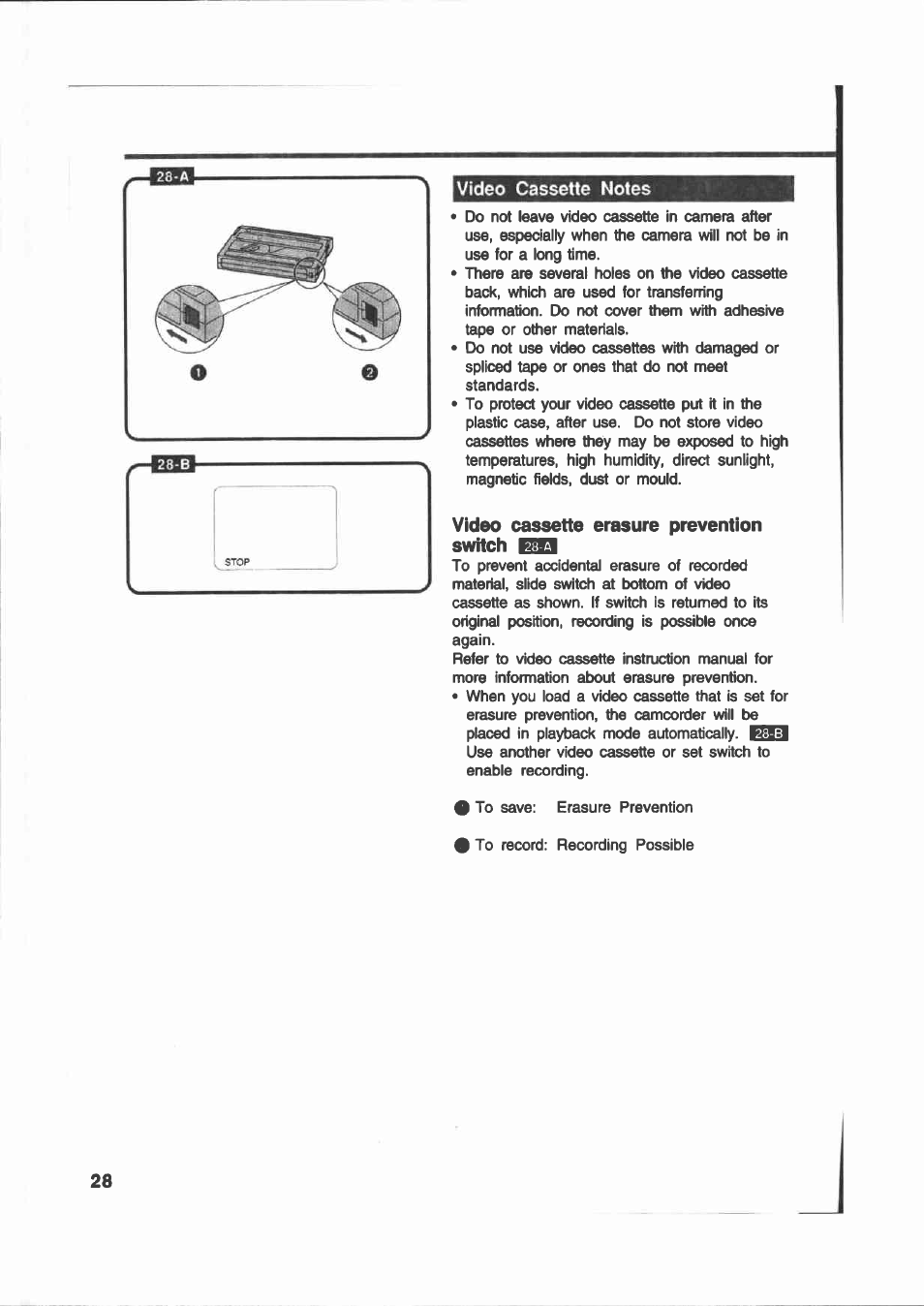 Video cassette erasure prevention switch | Canon E 200 User Manual | Page 28 / 84