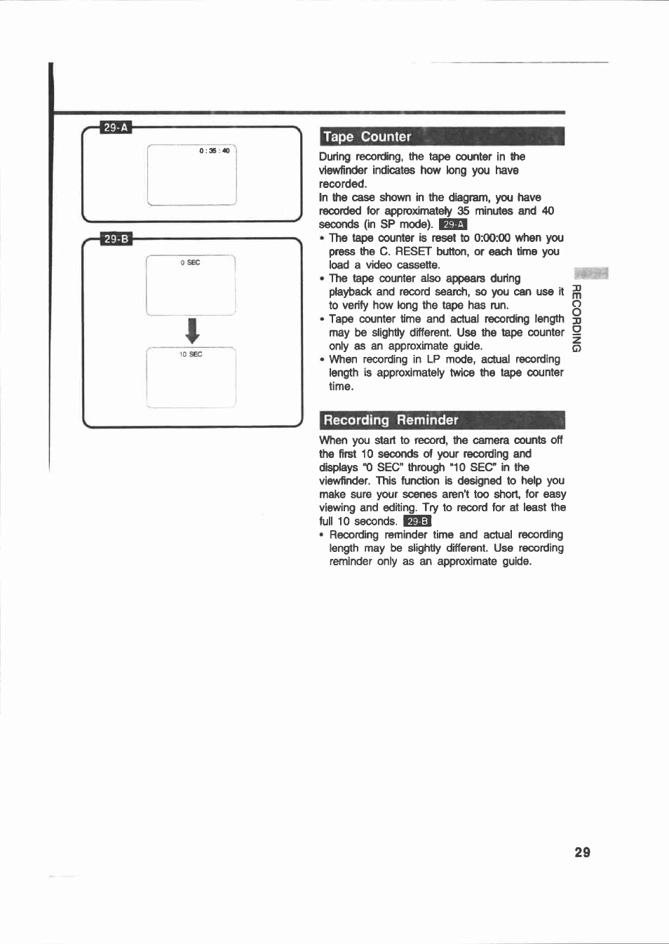 Tape counter, Recording reminder | Canon E 200 User Manual | Page 29 / 84