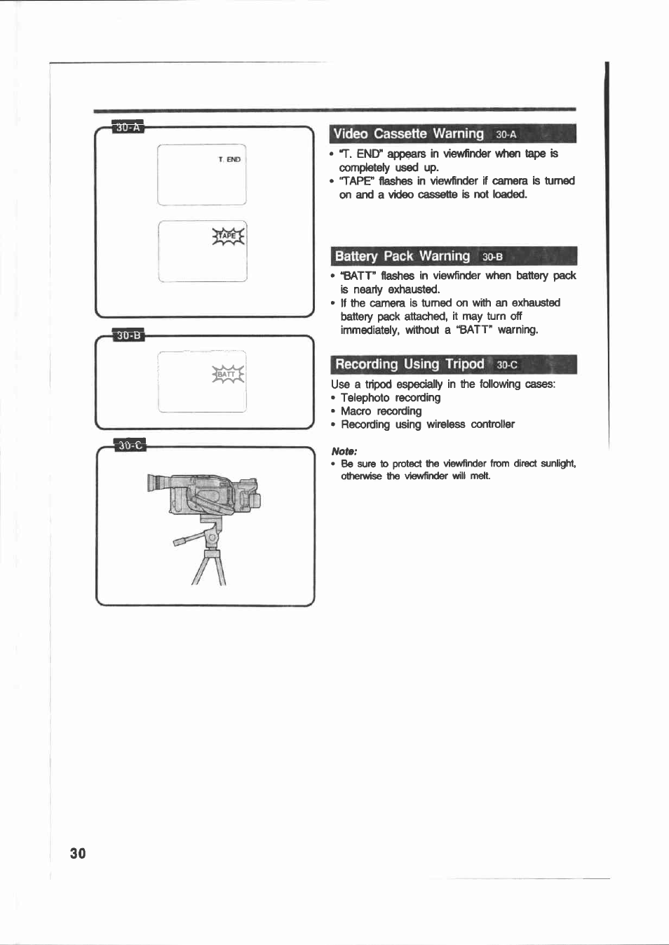 Video cassette warning зо-д, Battery pack warning зо-в, Recording using tripod зо-с | Canon E 200 User Manual | Page 30 / 84