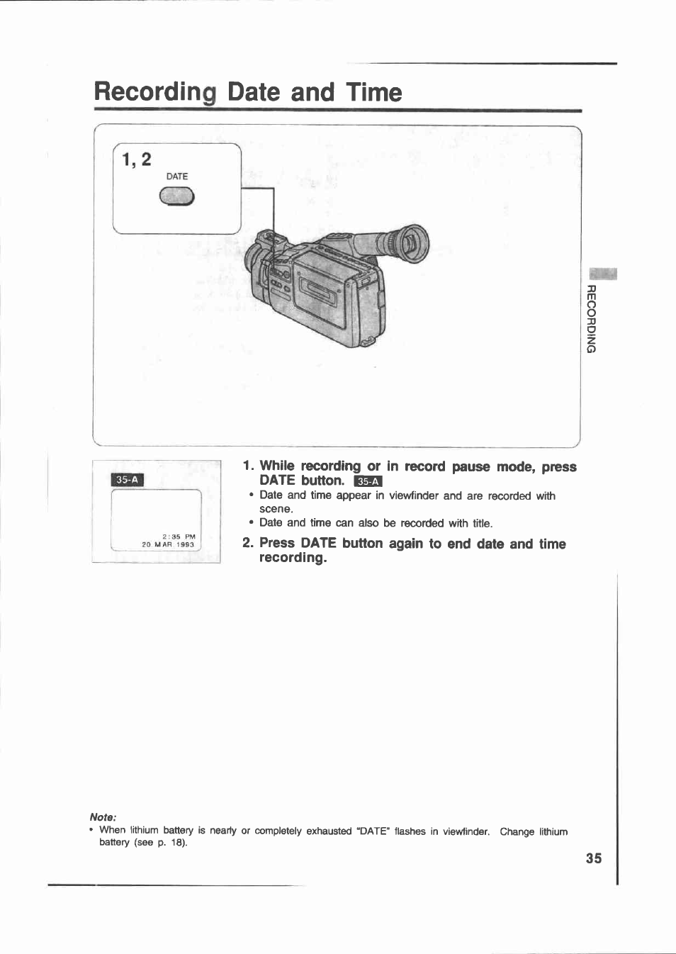 Recording date and time | Canon E 200 User Manual | Page 35 / 84