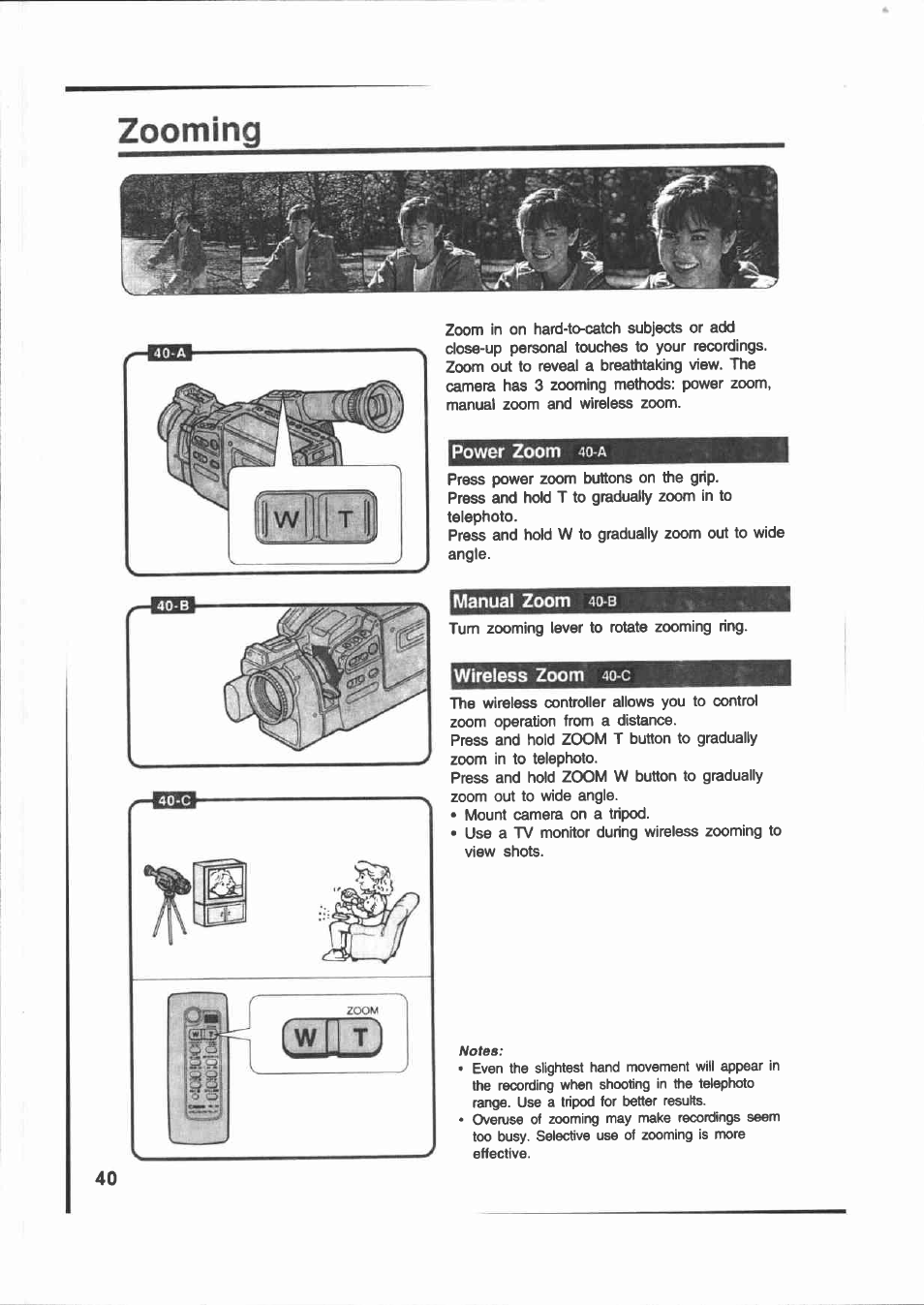 Power zoom 4o-a, Manual zoom 4o-b, Wireless zoom 4o-c | Manual zoom, Wireless zoom, Zooming, Power zoom | Canon E 200 User Manual | Page 40 / 84
