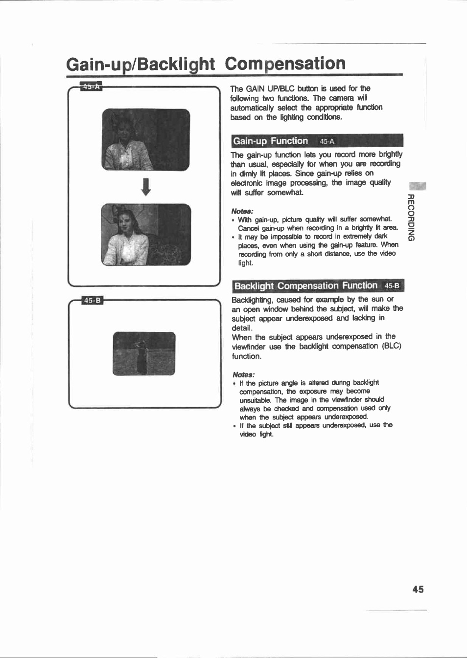 Gain-up/backlight compensation, Gain-up function 4s-a, Backlight compensation function 45-b | Gain-up function, Backli^t compensation function, Backlight compensation function | Canon E 200 User Manual | Page 45 / 84