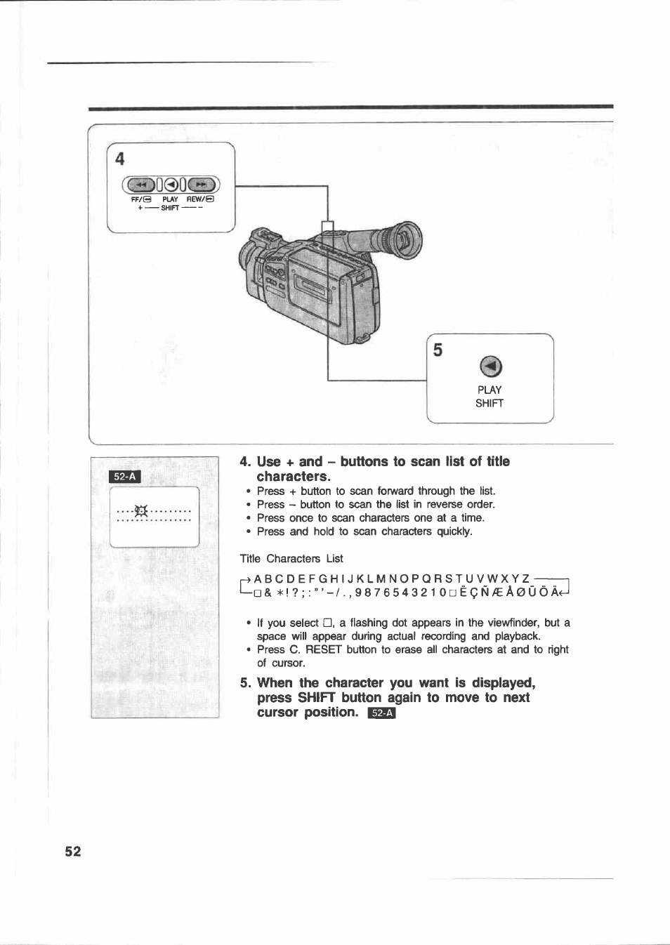 And - buttons to scan list of title characters | Canon E 200 User Manual | Page 52 / 84