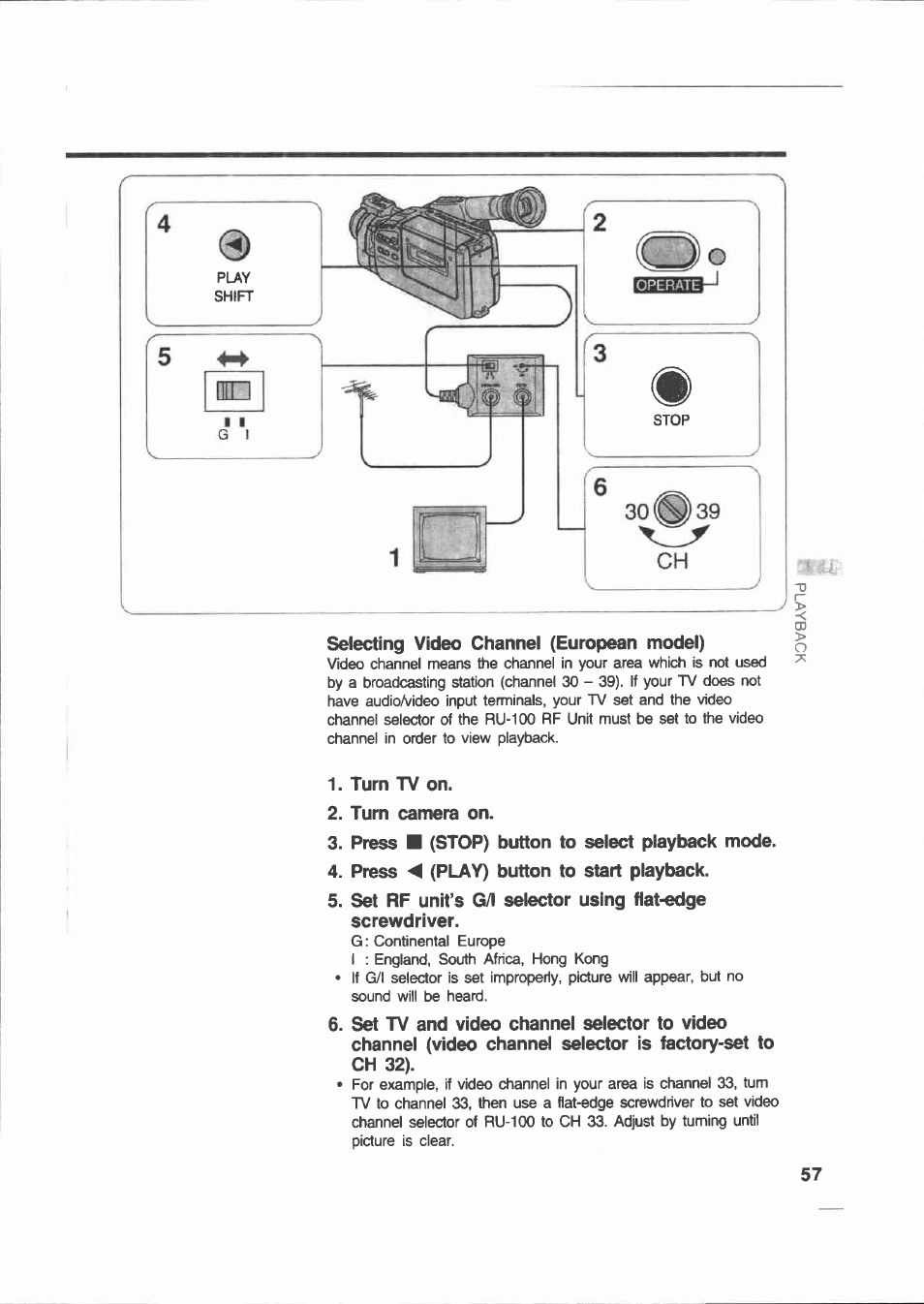 Selecting vídeo channel (european model), Turn tv on, Turn camera on | Press ■ (stop) button to select playback mode, Press a (play) button to start playback | Canon E 200 User Manual | Page 57 / 84