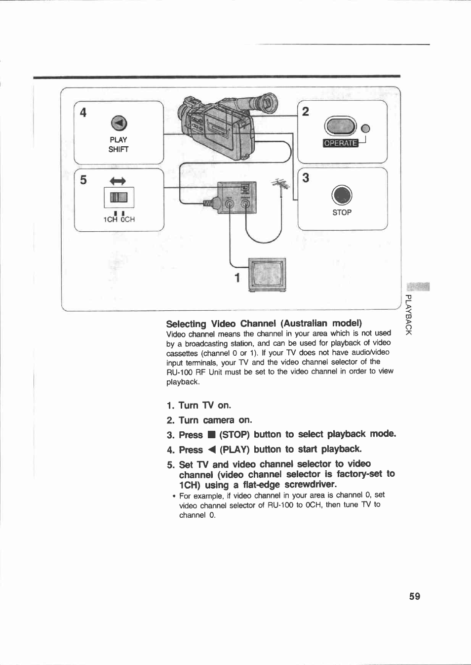 Selecting vídeo channel (australian model), Turn tv on, Turn camera on | Press ■ (stop) button to select playback mode, Press m (play) button to start playback | Canon E 200 User Manual | Page 59 / 84