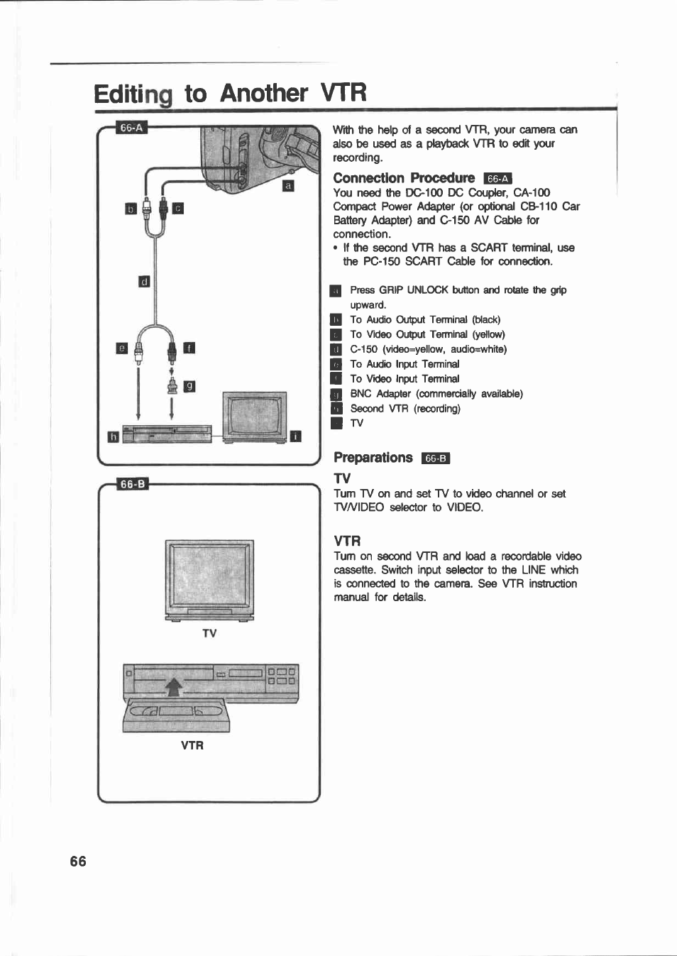 Editing to another vtr, Connection procedure, Preparations ^3 tv | Canon E 200 User Manual | Page 66 / 84