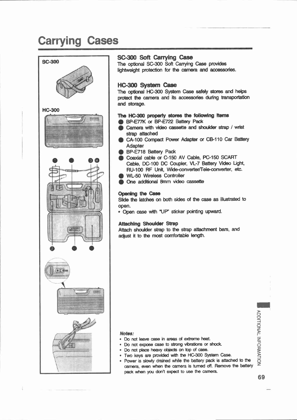 Carrying cases, Sc-300 soft carrying case, Hc-300 system case | Canon E 200 User Manual | Page 69 / 84