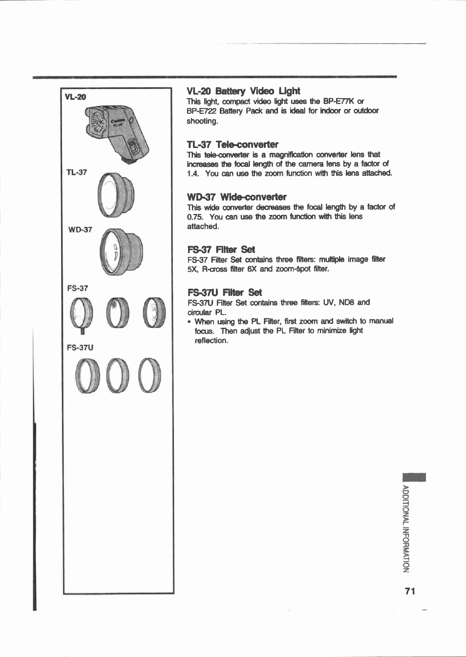 Vl-20 battery video light, Tl-37 teie-converter, Wd-37 wide-converter | F&37 riter set, Fs-37u riter set | Canon E 200 User Manual | Page 71 / 84