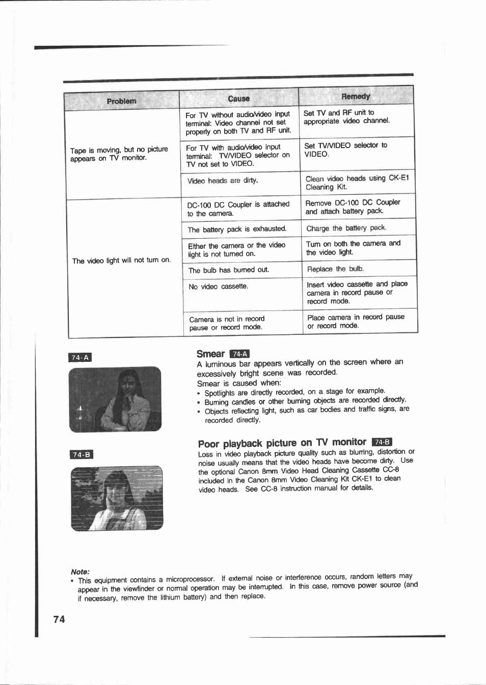 Smear cq, Poor playback picture on tv monitor bani | Canon E 200 User Manual | Page 74 / 84