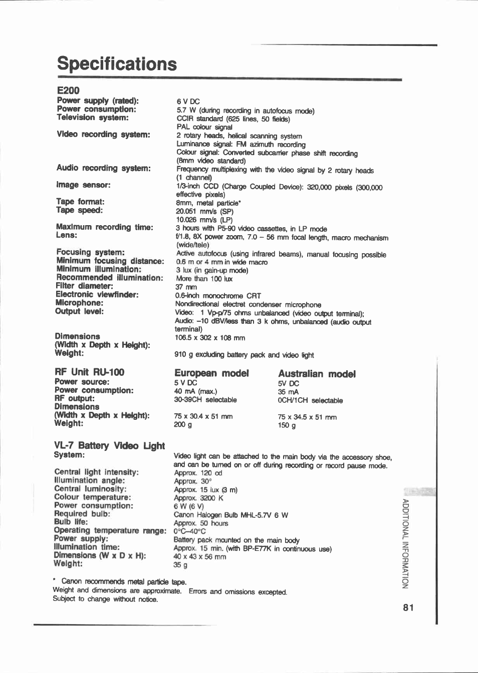 Specifications, Australian model, Vl-7 battery video light | Specifications i s, E200, Rf unit ru-100, European model | Canon E 200 User Manual | Page 81 / 84