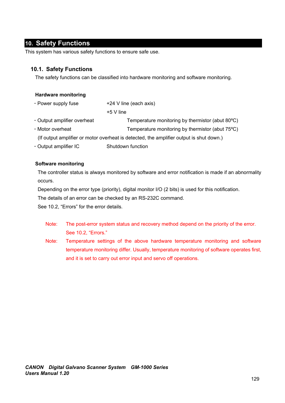 Safety functions | Canon GM-1000 User Manual | Page 129 / 140